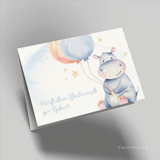 Geburtskarte | Happy Hippo mit 2 Ballons und Sternen