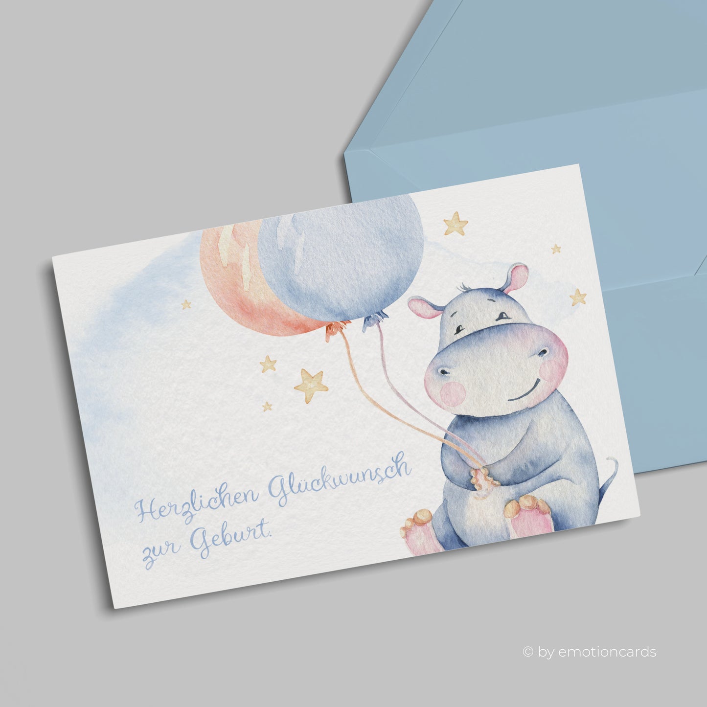 Geburtskarte | Happy Hippo mit 2 Ballons und Sternen