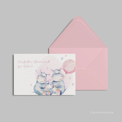 Geburtskarte | Happy Hippo Family rosa Ballon