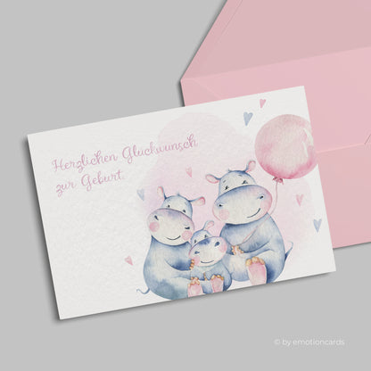 Geburtskarte | Happy Hippo Family rosa Ballon