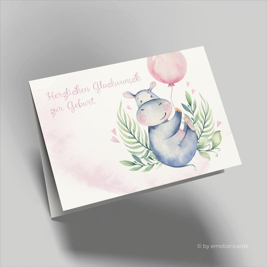 Geburtskarte | Happy Hippo mit rosa Ballon