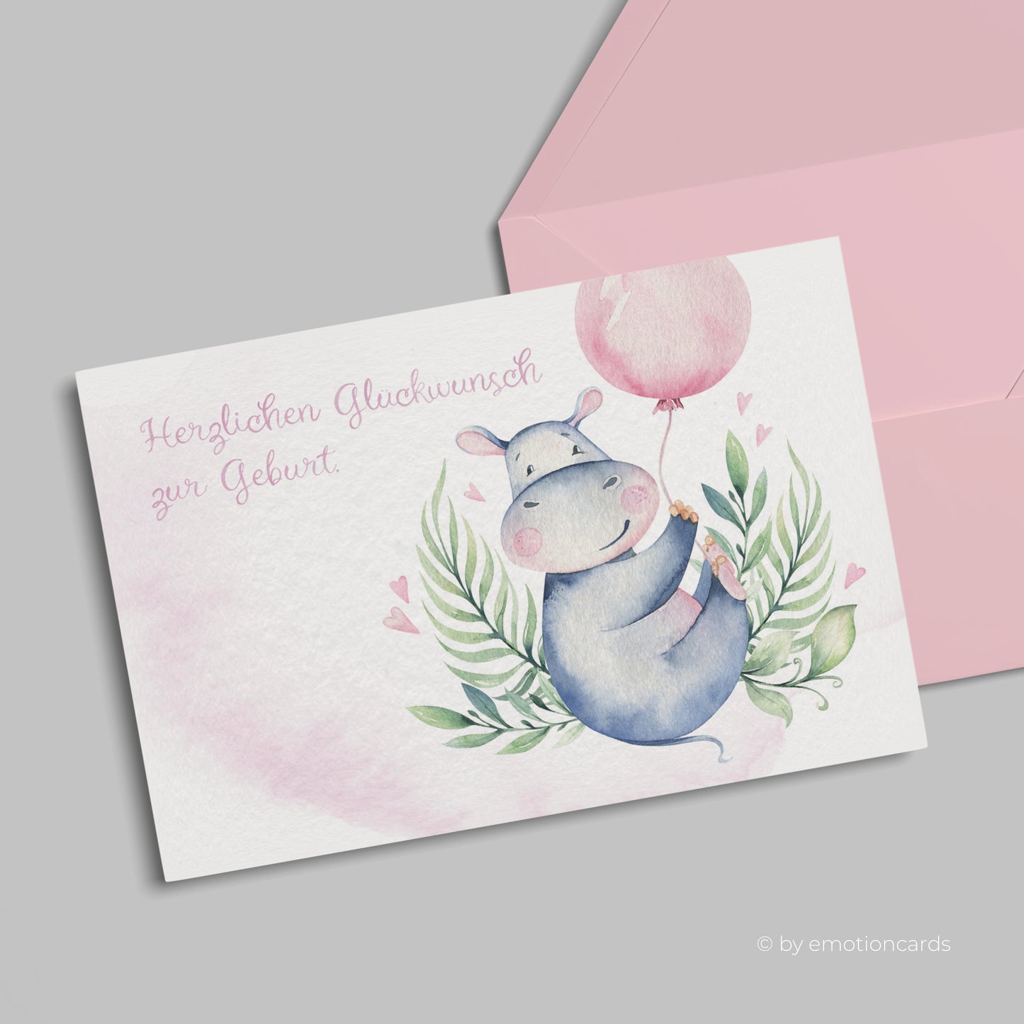 Geburtskarte | Happy Hippo mit rosa Ballon