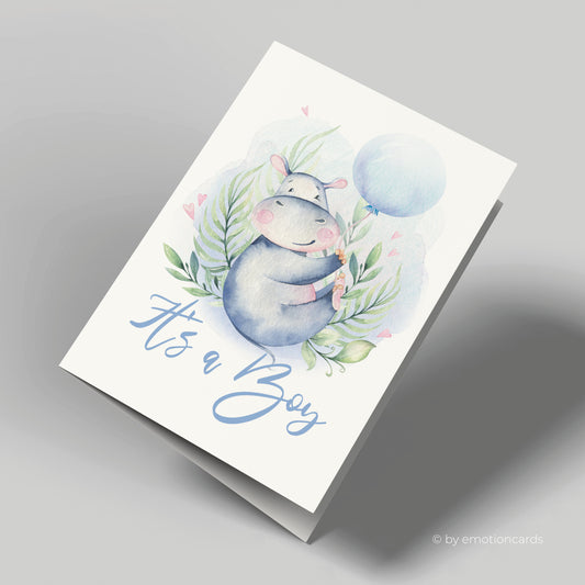 Geburtskarte | Happy Hippo mit Baby - it´s a boy