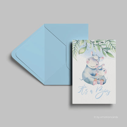 Geburtskarte | Happy Hippo & Blätter - it´s a boy