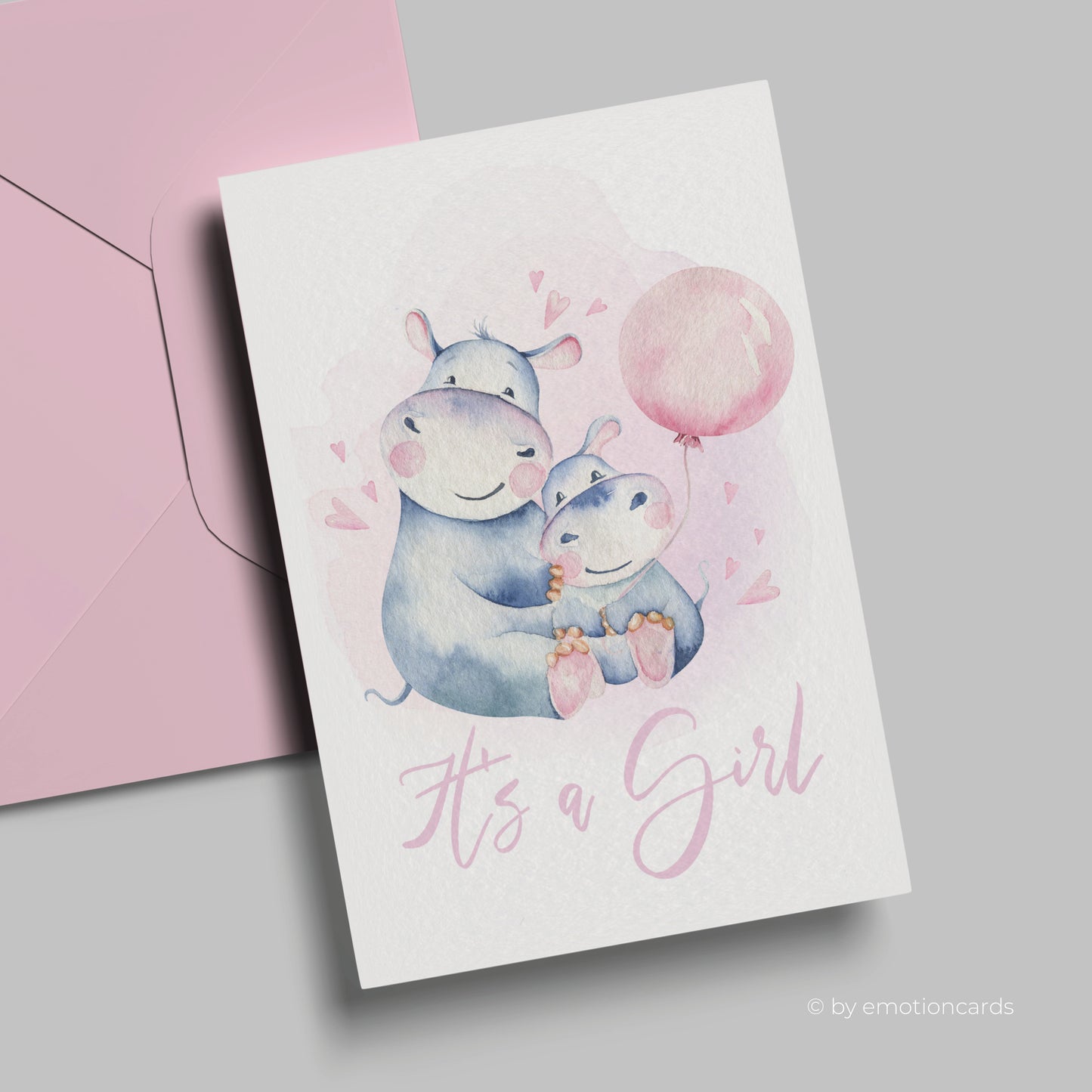 Geburtskarte | Happy Hippo & Baby mit Ballon - it´s a girl