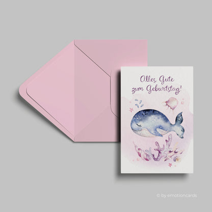 Geburtstagskarte | Niedlicher kleiner Wal mit Koralle in rosa
