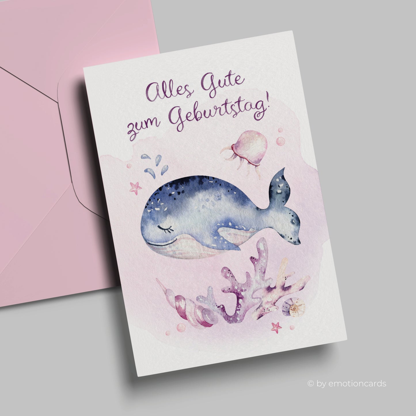 Geburtstagskarte | Niedlicher kleiner Wal mit Koralle in rosa