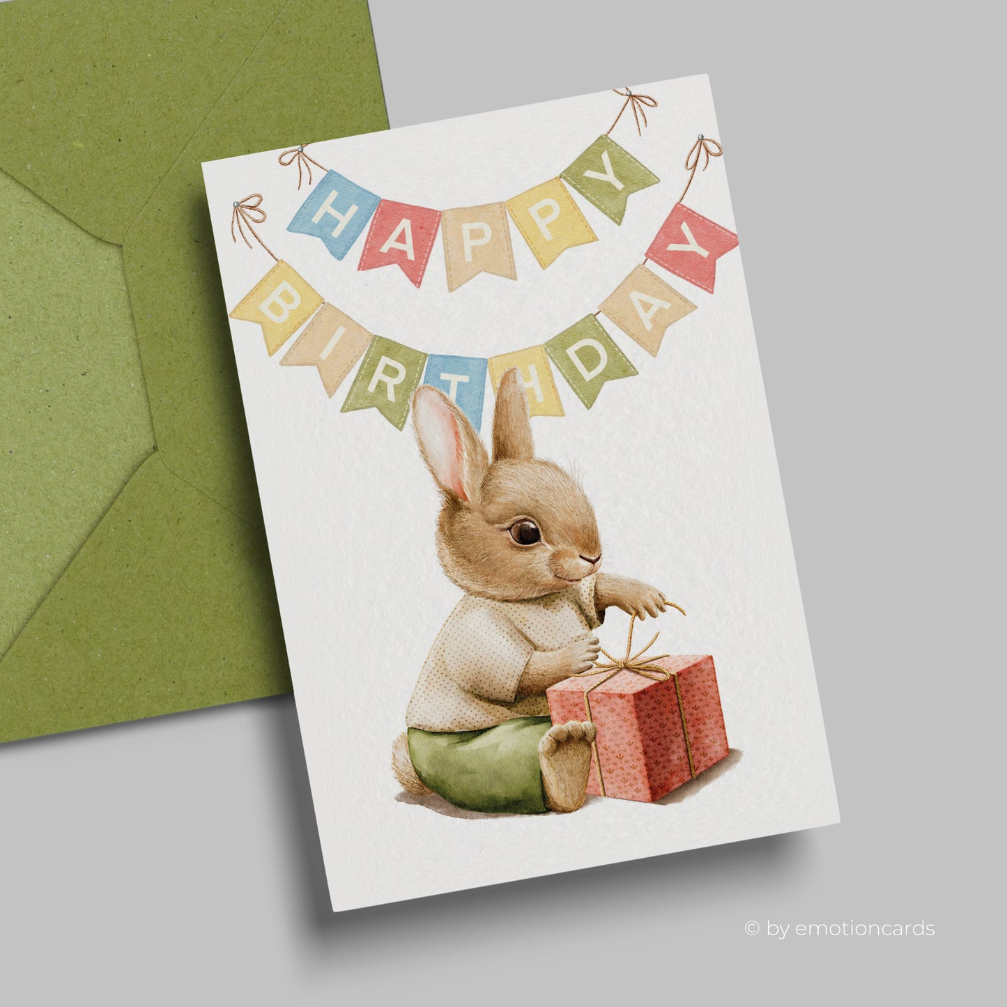Geburtstagskarte | Happy Birthday Girlande Baby Hase mit Geschenk