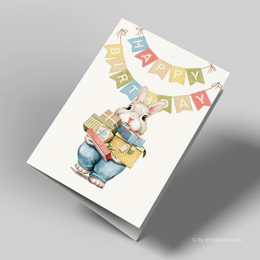 Geburtstagskarte | Hase mit Händen voller Geschenke Girlande