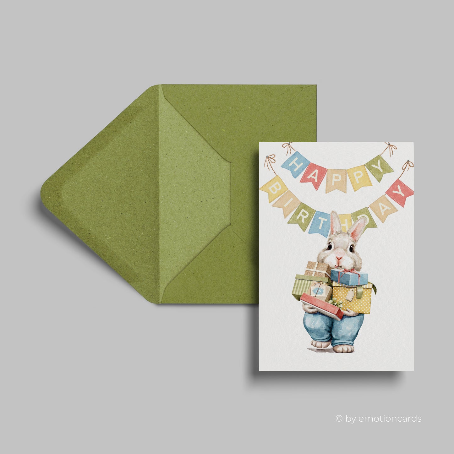 Geburtstagskarte | Hase mit Händen voller Geschenke Girlande