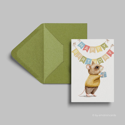 Geburtstagskarte | Happy Birthday Girlande Maus mit Geschenk