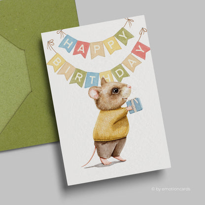 Geburtstagskarte | Happy Birthday Girlande Maus mit Geschenk