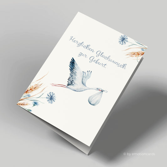 Geburtskarte | Storch blau mit Kornblumen