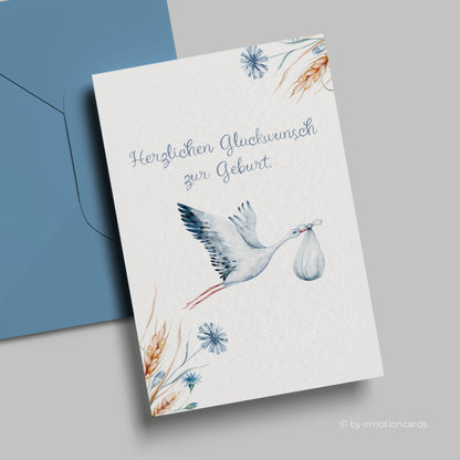 Geburtskarte | Storch blau mit Kornblumen