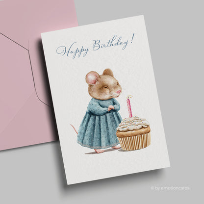 Geburtstagskarte | Maus bläst Kerze aus- Cupcake