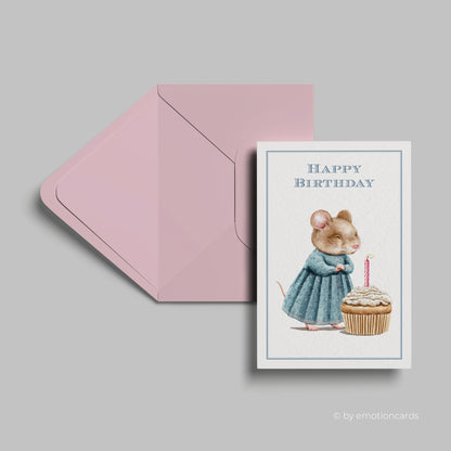 Geburtstagskarte | Maus bläst Kerze aus- Cupcake