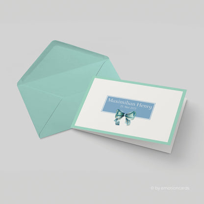 Karte zur Geburt | Blaue Schleife Rahmen + Kuvert türkis