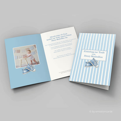 Individuelle Einladung zur Taufe | Junge hellblaue Babyschühchen