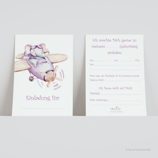 Einladungskarte Kindergeburtstag | Elefant im Flieger - flieder