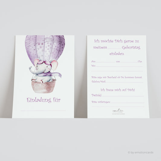 Einladungskarte Kindergeburtstag | Elefant im Heißluftballon - flieder