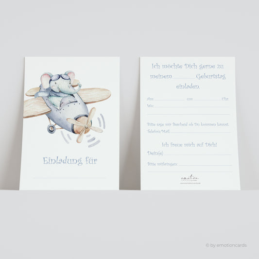 Einladungskarten Set Kindergeburtstag | Elefant im Flieger - blau