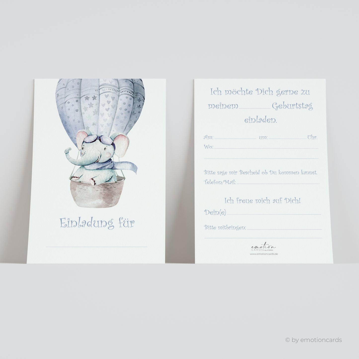 Einladungskarte Kindergeburtstag | Elefant im Heißluftballon - blau