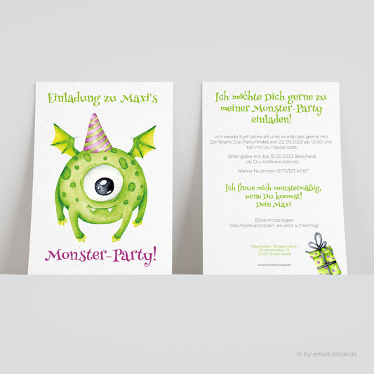 Einladungskarte zum Kindergeburtstag | Monsterparty Monster mit Party Hut