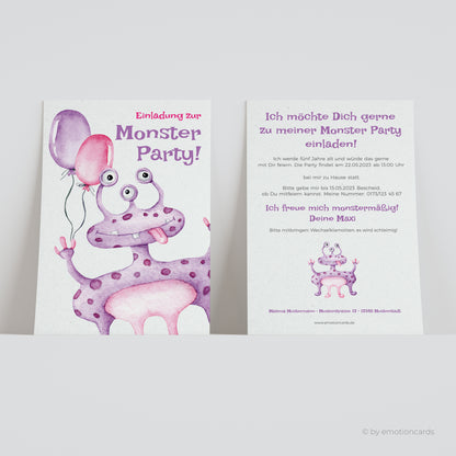 Einladungskarte zum Kindergeburtstag | Monsterparty 3 Augenmonster mit Luftballon