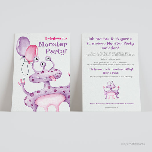 Einladungskarte zum Kindergeburtstag | Monsterparty 3 Augenmonster mit Luftballon