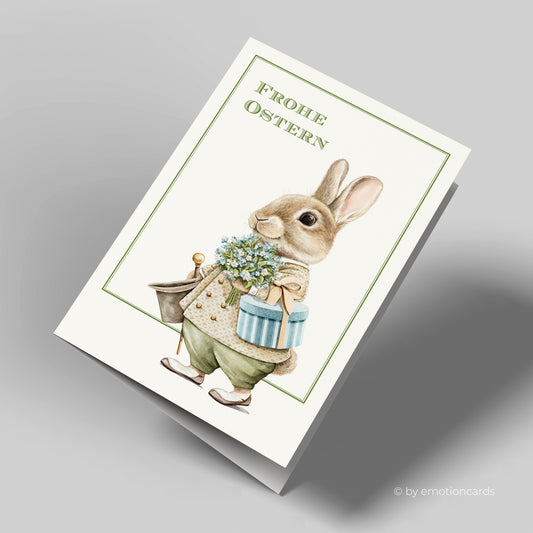 Osterkarte | Gentlemen Osterhase mit Zylinder und Blumenstrauß