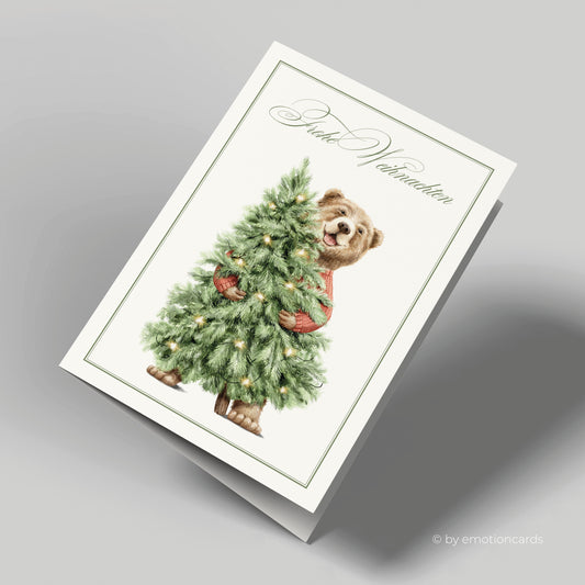 Weihnachtskarte | Fröhlicher Bär mit Weihnachtsbaum
