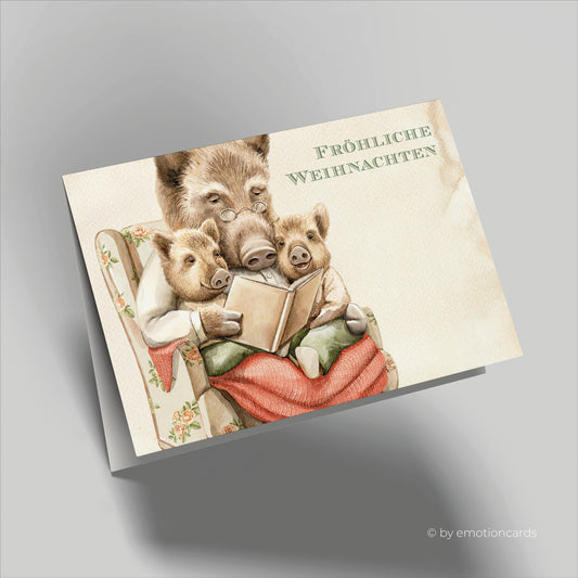 Weihnachtskarte | Wildschweinfamilie liest Weihnachtsgeschichte closeup