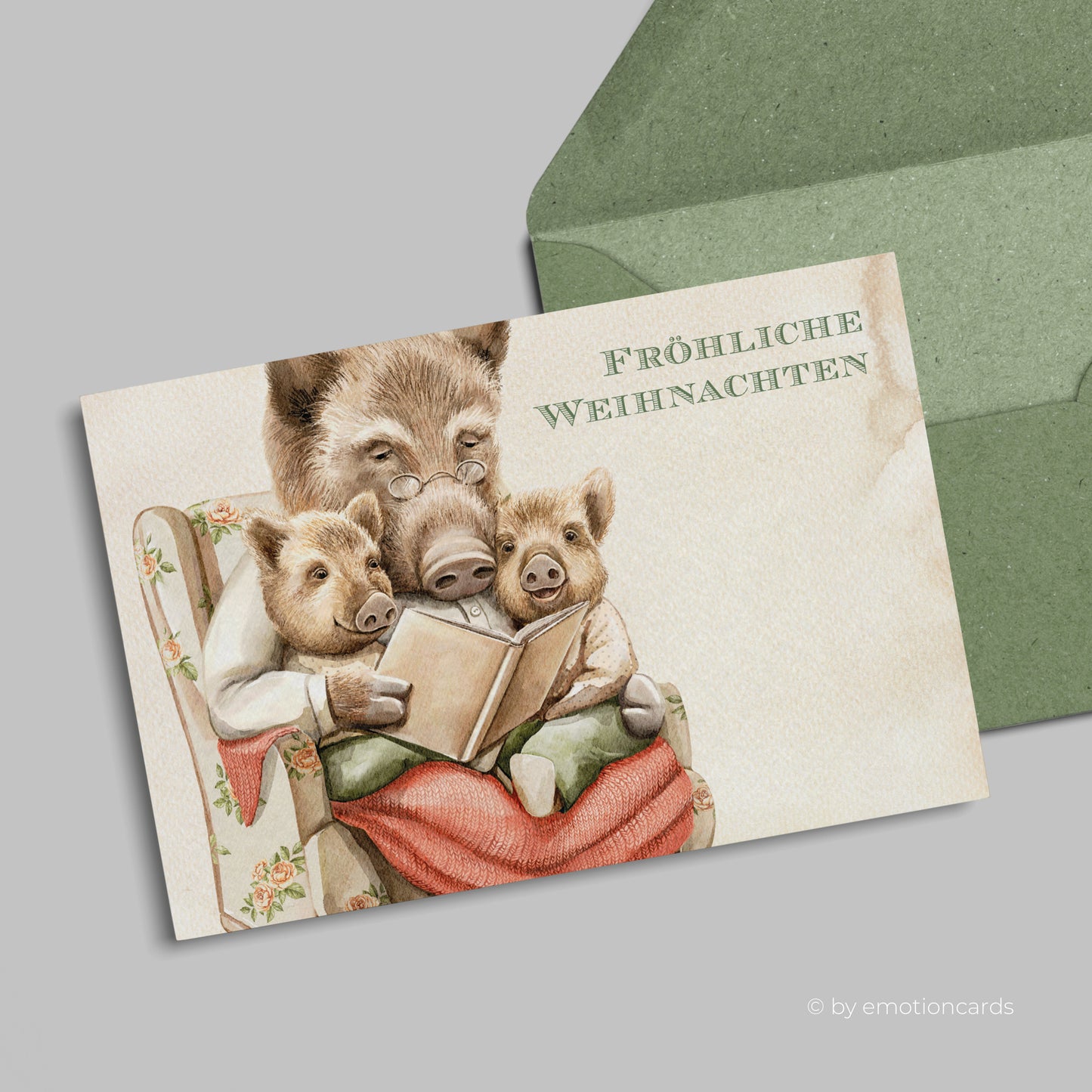 Weihnachtskarte | Wildschweinfamilie liest Weihnachtsgeschichte closeup